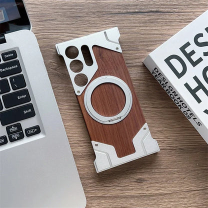 Aluminum & Wooden Magnetic Phone Case – 360° Shockproof Magsafe Cover for Samsung Galaxy S22-S25 Ultra