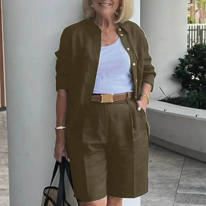 Women’s 2 Piece Summer Outfit Set - Solid Color Cardigan Shirt Top & Casual Shorts Matching Ensemble