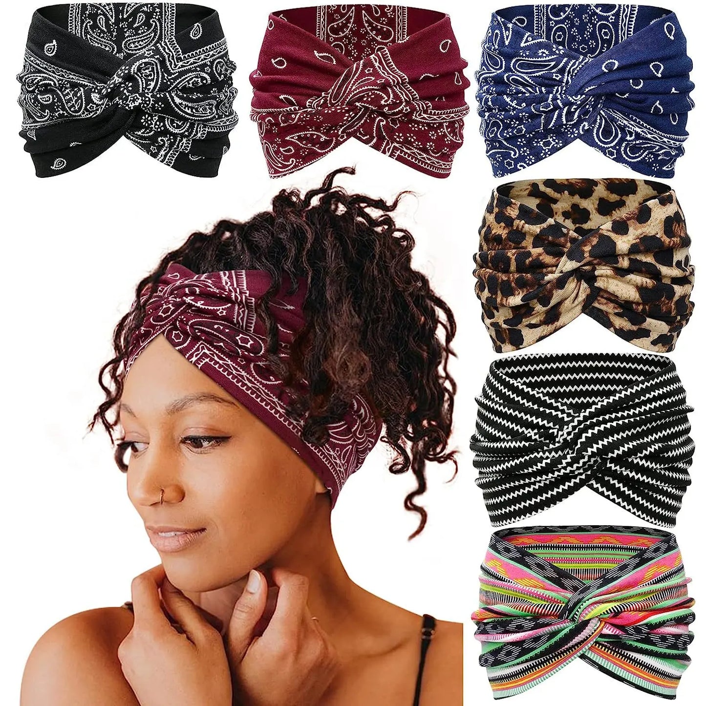 Boho Yoga Headbands for Women - Wide Thick Stretchy Turban with Leopard Print, African-Inspired Knotted Head Bands