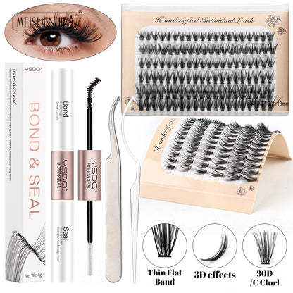 MEISHENJIE DIY Cluster Lash Extension Kit — 120 Bunches Individual Wispy False Eyelashes with Glue & Tweezer