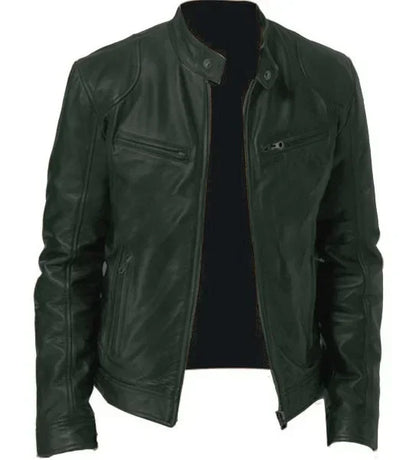 Men’s Slim Fit Motorcycle Leather Jacket – Short Lapel PU Zipper Windproof Coat for Autumn