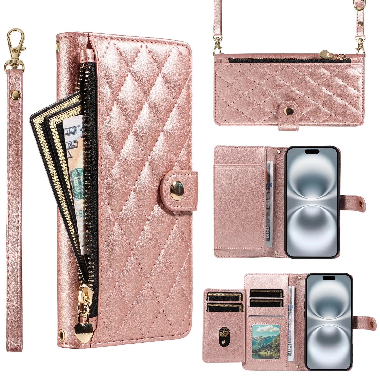Crossbody Leather Wallet Case for iPhone – Zipper Card Slot Bag with Rhombus Design for iPhone 16/16 Pro Max/15/14/13/12/11/SE 2022