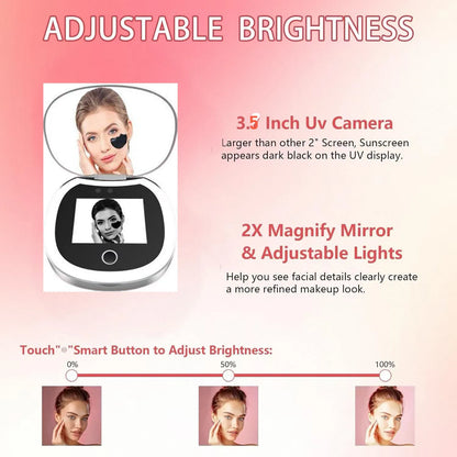 Travel Compact UV Mirror with Camera & LED Lights – 2X Magnification Makeup Mirror for Facial Sunscreen Check