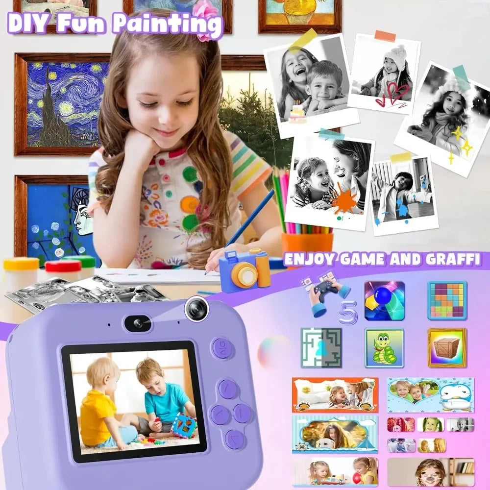 Children's Mini Digital Camera – Thermal Printing, Image Stabilization & 32GB Card Included