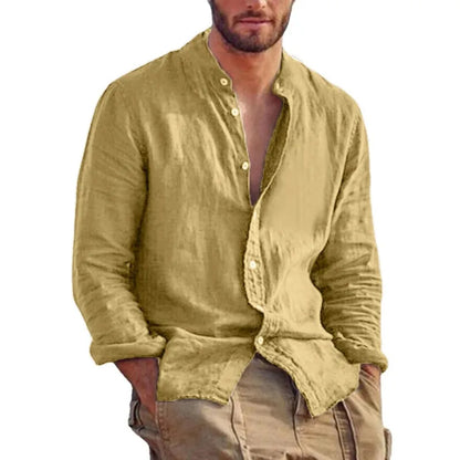 Men's Linen Stand Collar Shirt - Lightweight Breathable Long Sleeve Casual Shirt