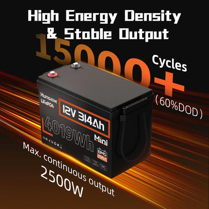 Humsienk 12V 314Ah LiFePO4 Battery - 4019Wh Deep Cycle Power with 200A BMS for RV, Camper, Cabin & Solar Energy Storage