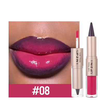 Double-Ended Lip Liner and Gloss Set - Tapered Lip Contour Pencil with Mirror, Plumping Crystal Lip Glaze, and Red Lip Tint