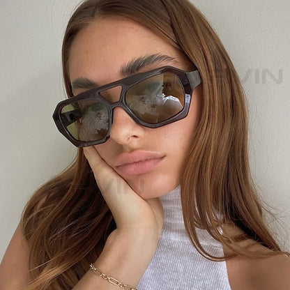 Vintage Square Sunglasses – Thick Frame, Double Bridges, Chic Polygon Eyewear for Women & Men, Leopard & Blue Fashion Sunglasses