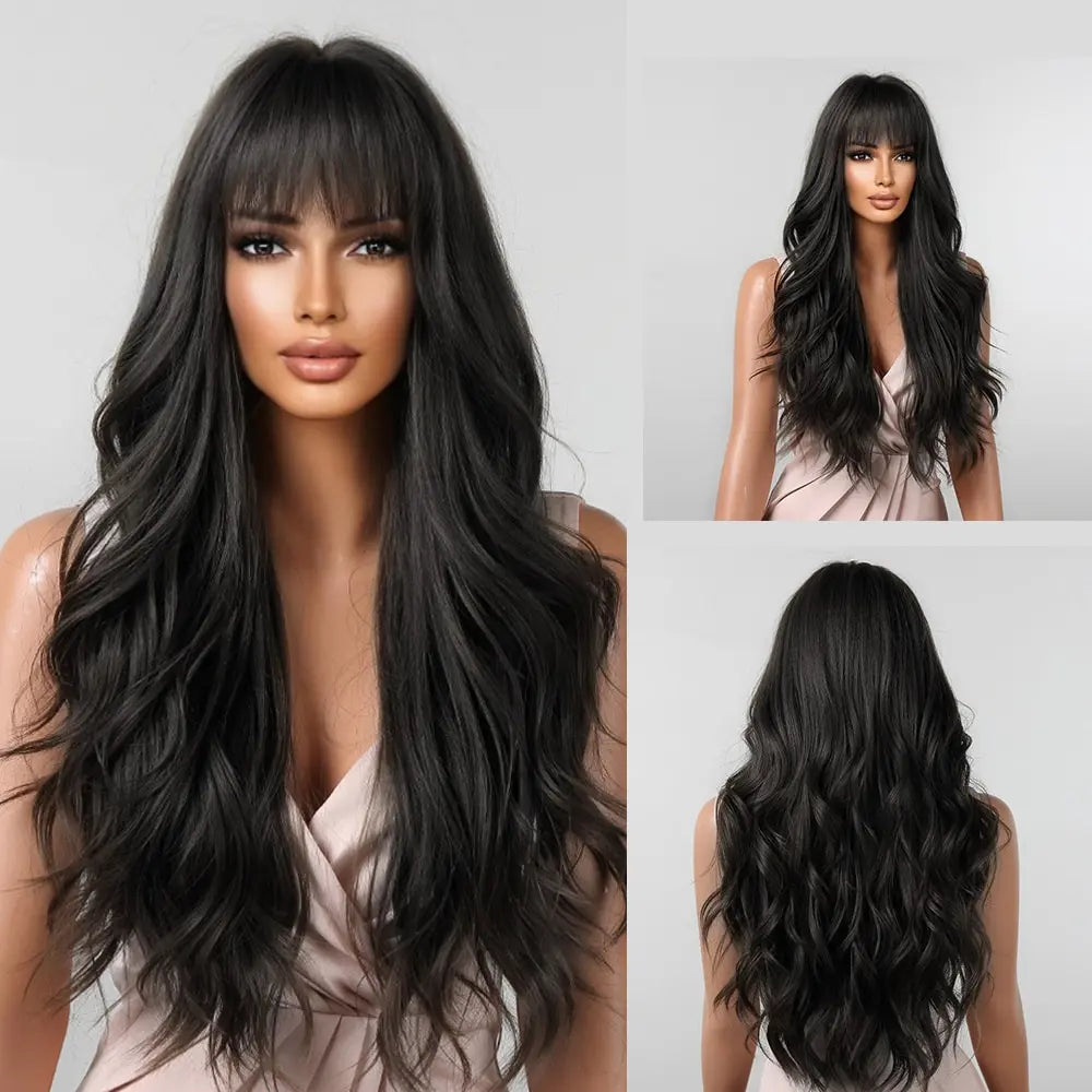 Brown Wavy Long Wig for Women with Bangs — Natural-Look Synthetic Hair, Heat-Resistant for Daily & Cosplay