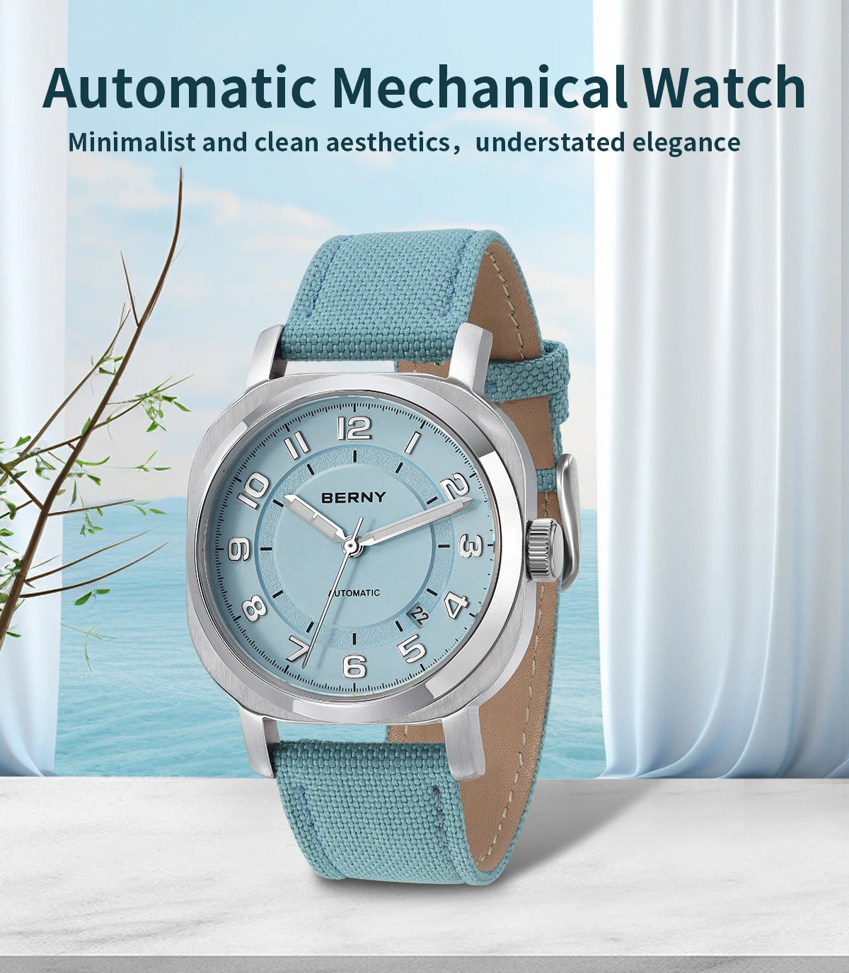 BERNY Women’s Mechanical Watch — Self-Wind Pillow Cushion Design with Sapphire Crystal, Super Luminous Display, Canvas Strap, and Calendar Function