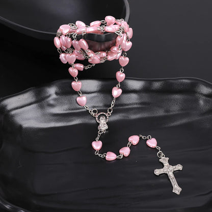 Pink & White Heart Rosary Necklace – Virgin Mary Cross Pendant Beaded Chain Religious Prayer Jewelry Gift for Men & Women