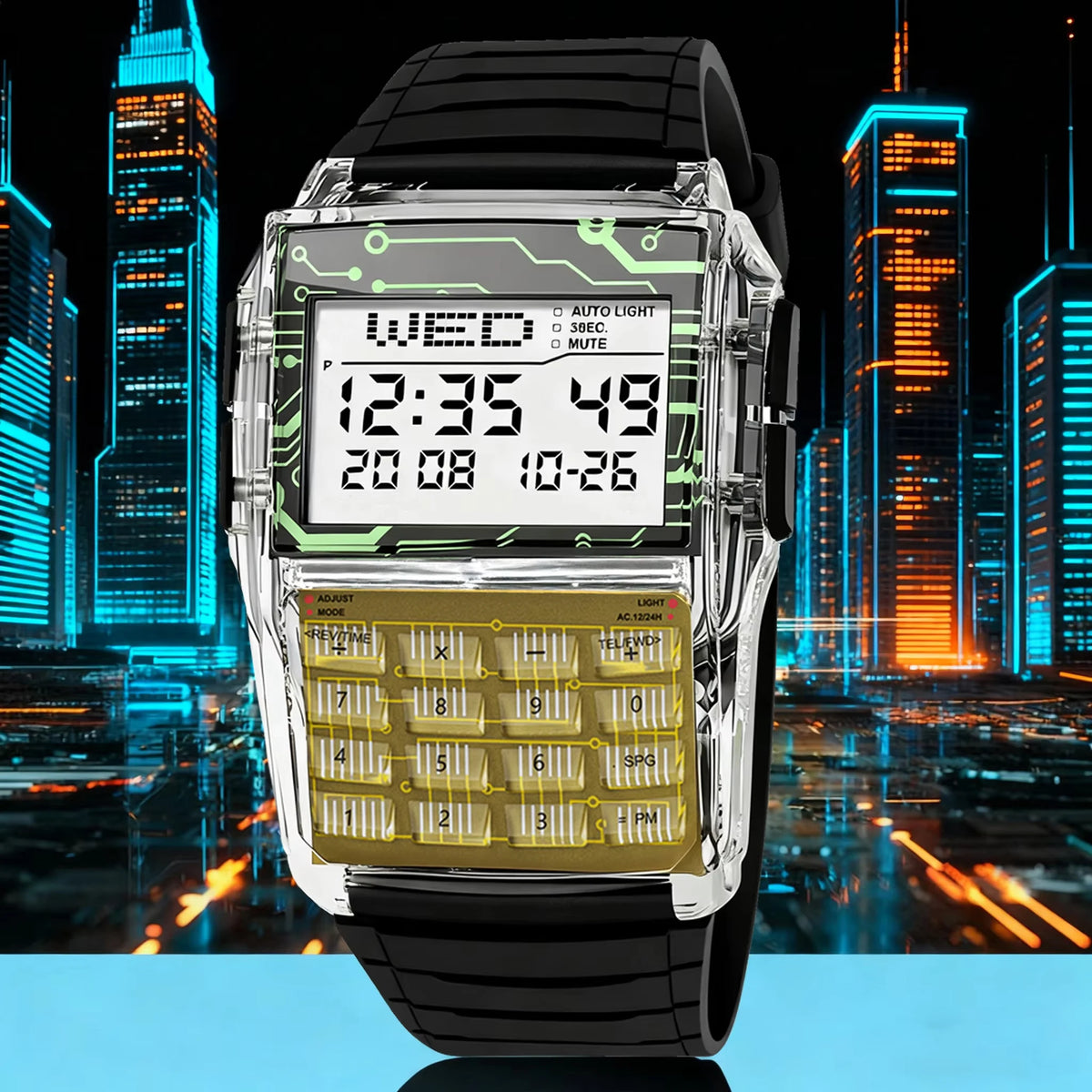 Transparent Plastic Calculator Watch - Men’s Multifunction Luminous LED Digital Computer-Style Wristwatch