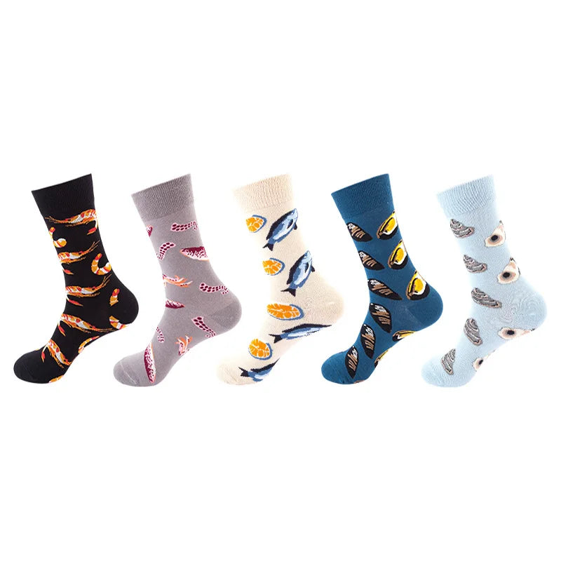 5-Pair Men’s Cotton Sports Socks Pack - Hip Hop Harajuku Pastel Print Long Tube Running Casual Socks
