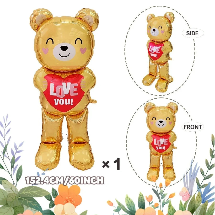 60in Standing Teddy Bear Balloon – Cute Love-Shaped Decoration for Romantic Valentine’s Day, Proposal, Wedding & Birthday Party