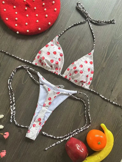 Women’s Cherry Print Bikini Set – Brazilian Thong Two-Piece Swimwear, Sexy Beach Bathing Suit