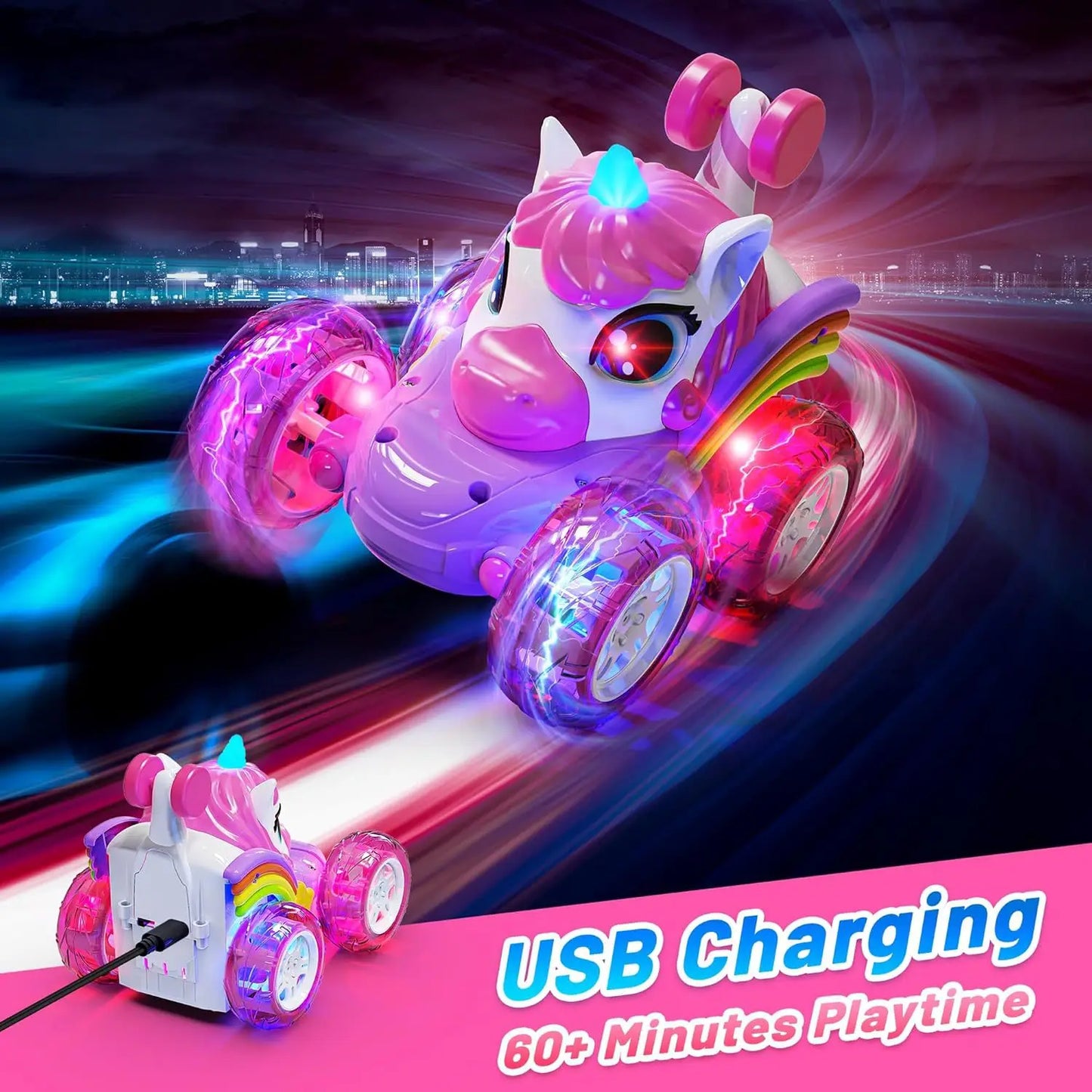 Remote Control Unicorn Car for Girls – 360° Rotating 4WD Stunt RC Toy with LED Lights, 2.4GHz Kids Gift