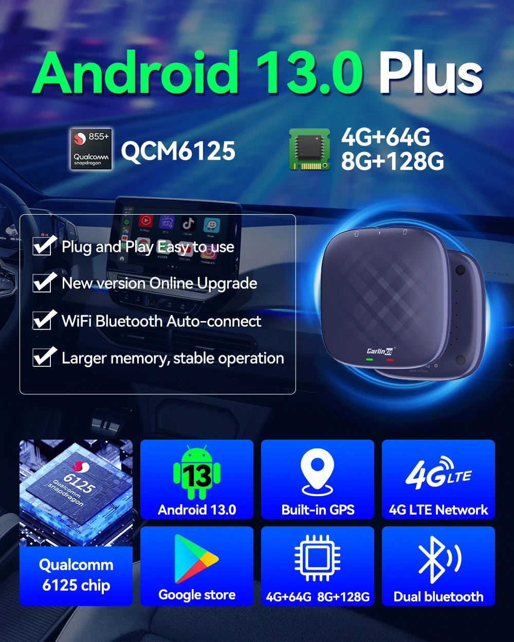 CarlinKit Android 13 AI TV Box – 8-Core Wireless CarPlay & Android Auto with Split Screen, 64G/128G for Netflix, YouTube, Play Store