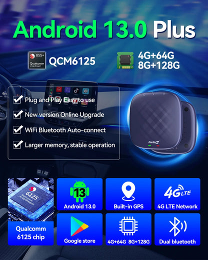 CarlinKit Android 13 AI TV Box – 8-Core Wireless CarPlay & Android Auto with Split Screen, 64G/128G for Netflix, YouTube, Play Store