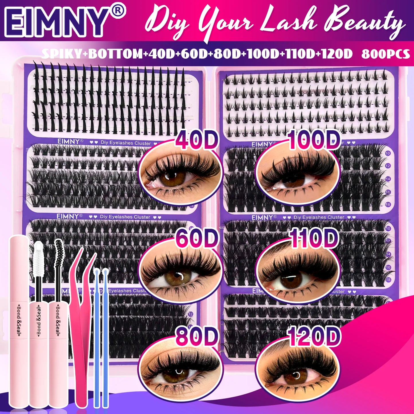 Top & Bottom Lash Extension Kit – 250/740 Cluster Fluffy Volume Mix Lengths DIY Eyelash Set for Bold Bombshell & Natural Lash Looks