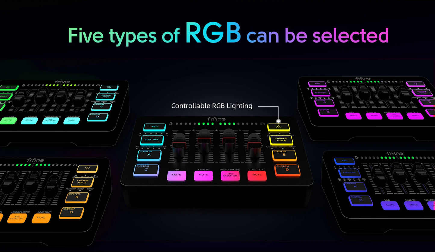 FIFINE 4-Channel RGB Gaming Audio Mixer – XLR Mic Interface for Streaming, Podcast & Game Voice