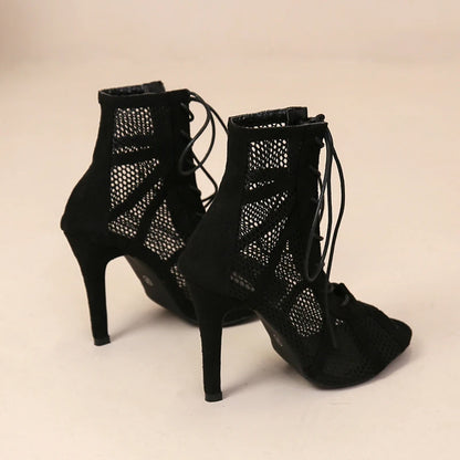Sexy High Heel Mesh Sandals – Women's Summer Peep Toe, Cross-Tied Ankle Strap Dance Shoes, Black Hollow Design