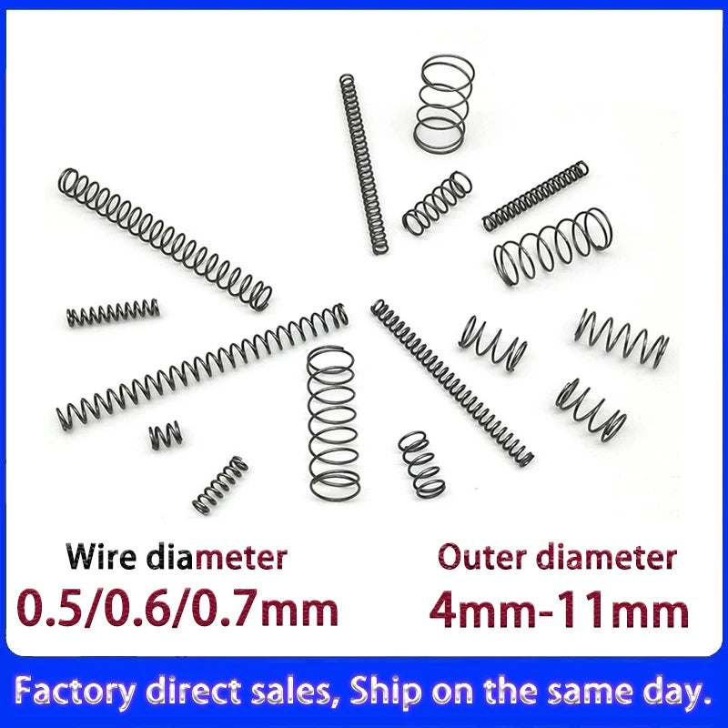 0.5mm/0.6mm/0.7mm Micro Compression Springs – Spring Steel Wire, 4–11mm OD & 5–50mm Length, Customizable