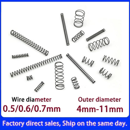 0.5mm/0.6mm/0.7mm Micro Compression Springs – Spring Steel Wire, 4–11mm OD & 5–50mm Length, Customizable