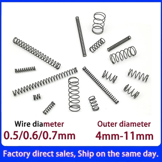 0.5mm/0.6mm/0.7mm Micro Compression Springs – Spring Steel Wire, 4–11mm OD & 5–50mm Length, Customizable