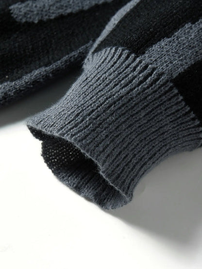 Men's Autumn Winter Jacquard Sweater - Irregular Pattern Contrast Color Round Neck Knitted Casual Pullover