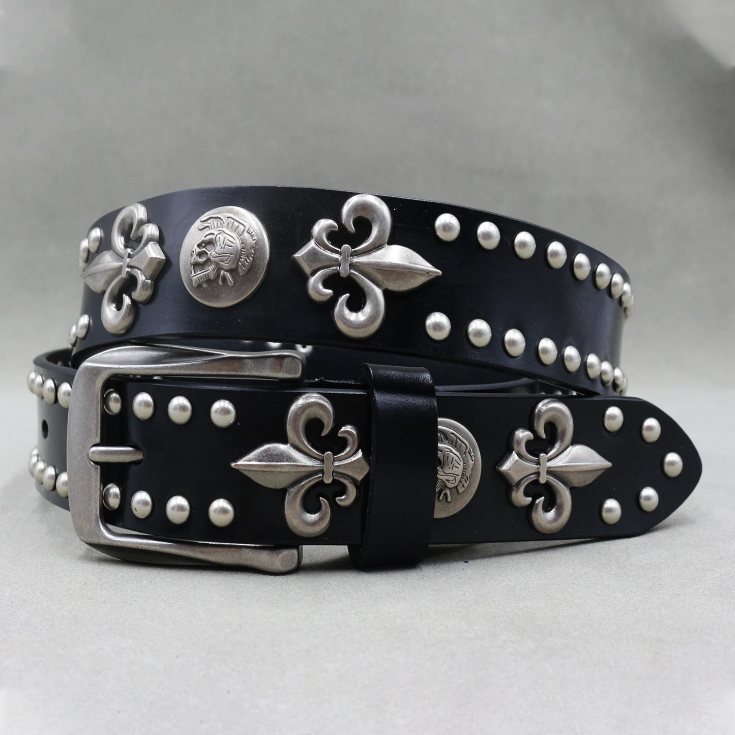 Men’s Designer Rivet Belt – Genuine Cowhide Leather Punk Rock Pin Belt for Jeans, Luxury Black Leather Belt