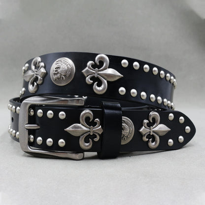Men’s Designer Rivet Belt – Genuine Cowhide Leather Punk Rock Pin Belt for Jeans, Luxury Black Leather Belt