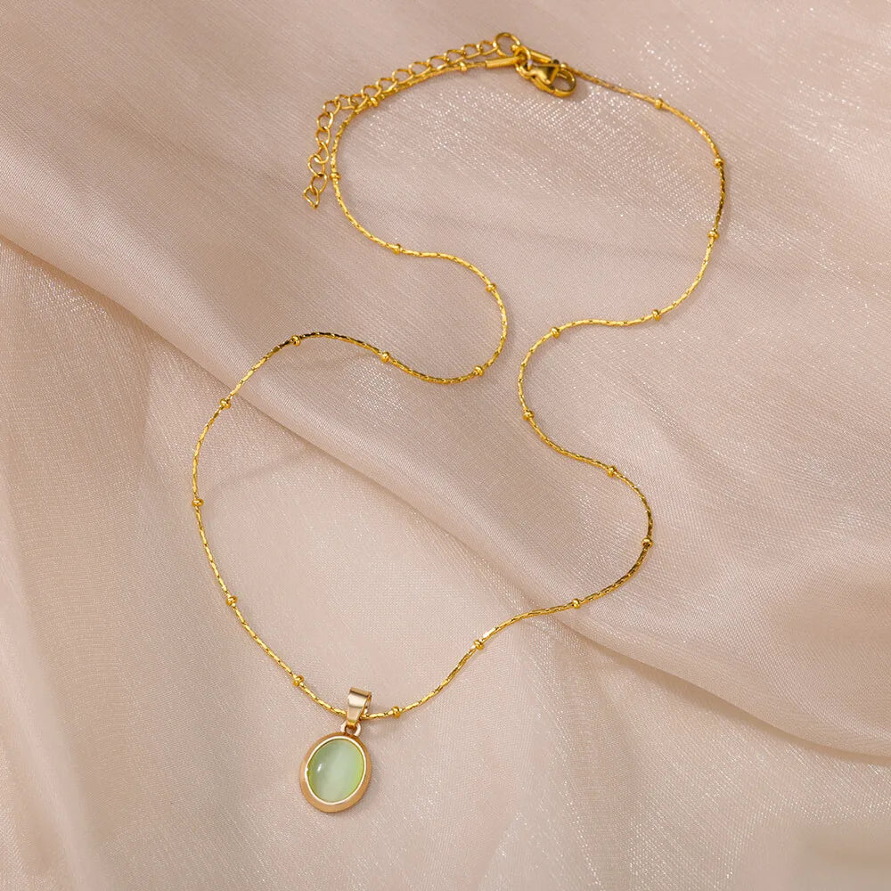 Fashion Opal Oval Necklace for Women – Gold Stainless Steel Pendant, Aesthetic Wedding Jewelry Gift