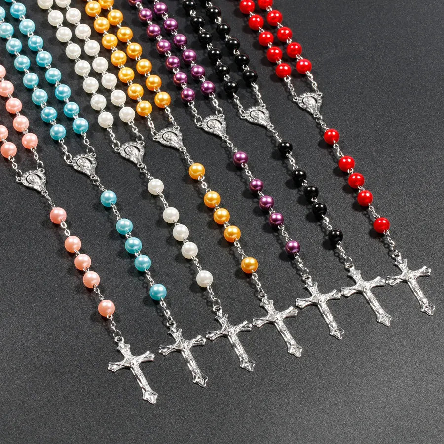 Faux Pearl Rosary Necklace – Virgin Mary & Jesus Cross Pendant Long Bead Chain Religious Fashion Jewelry for Women