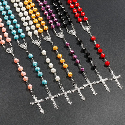 Faux Pearl Rosary Necklace – Virgin Mary & Jesus Cross Pendant Long Bead Chain Religious Fashion Jewelry for Women