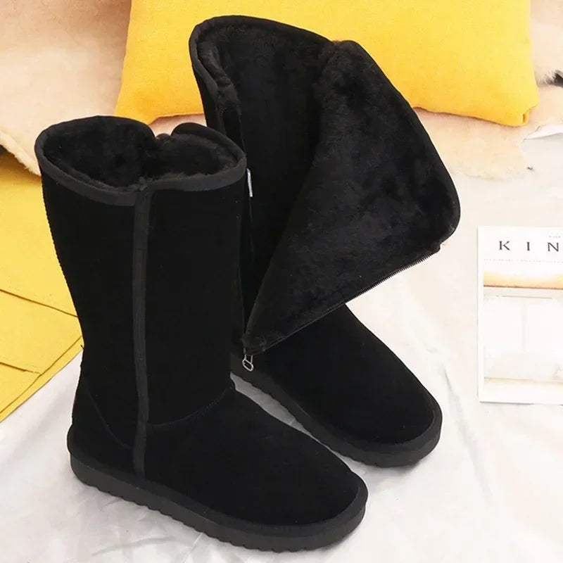 Women’s Classic Winter Snow Boots 2024 – Waterproof Leather Fur Knee-High Boots with Velvet Lining
