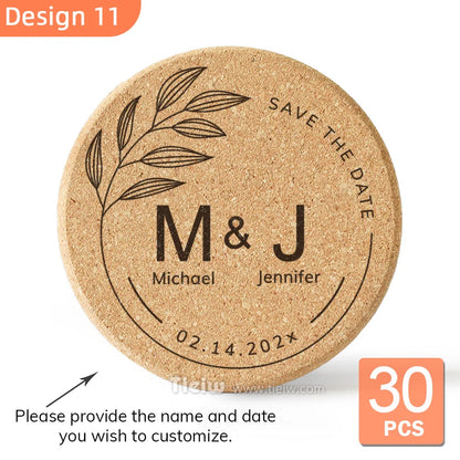 30-Piece Personalized Cork Coaster Set - Custom Tie Design Wedding Favors, Bridal Shower Gifts and Corporate Party Keepsakes