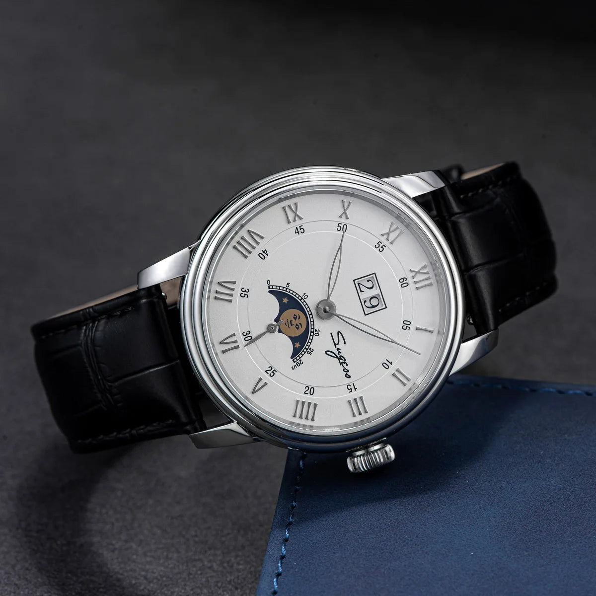 Sugess Moonphase Men’s Automatic Mechanical Watch — 40MM Stainless Steel with Seagull ST2528 Movement and Blue Sandstone Dial