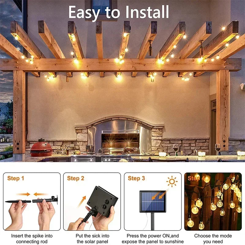 Solar Powered LED String Lights - Waterproof Crystal Globe Lights with 8 Modes for Outdoor Garden and Party Decor