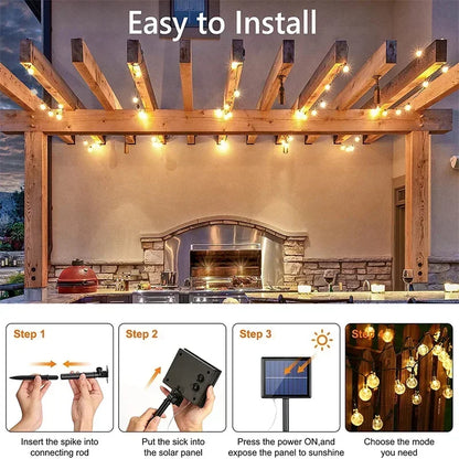 Solar Powered LED String Lights - Waterproof Crystal Globe Lights with 8 Modes for Outdoor Garden and Party Decor