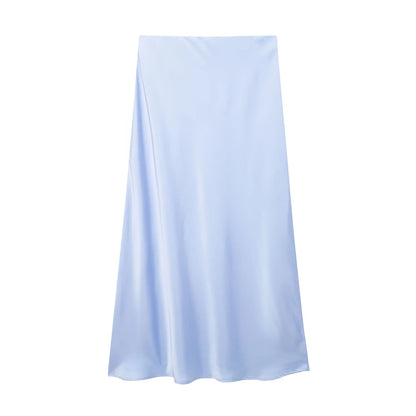 Willshela 2024 Women’s Black Satin High Waist Midi Skirt – Elegant Long Office & Summer Fashion Skirt for Women, Slim Fit Casual Wear