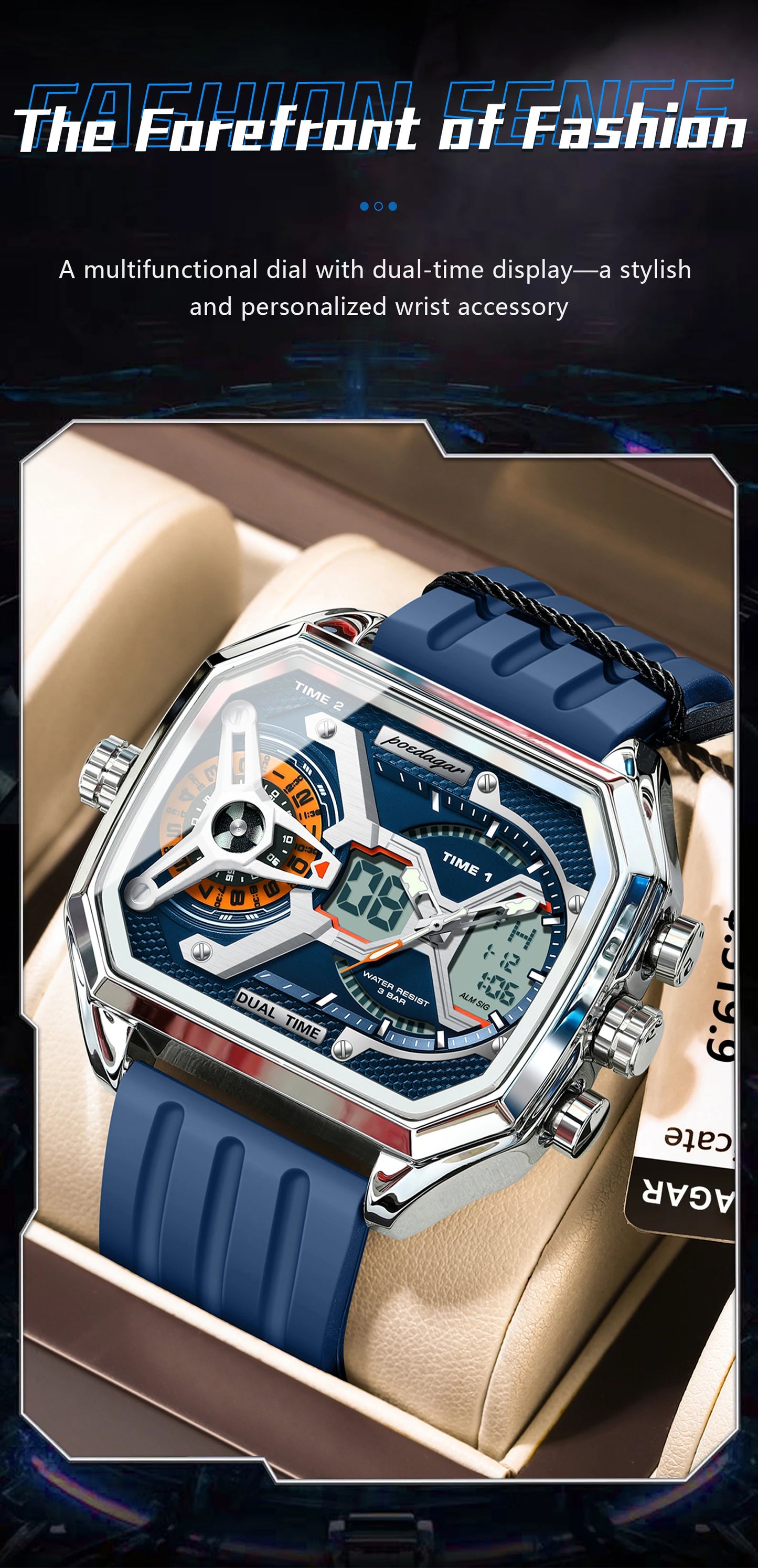POEDAGAR Men's Luxury LED Wristwatch – Electronic Quartz Watch with Calendar, Week Display, Luminous Hands, and Silicone Strap
