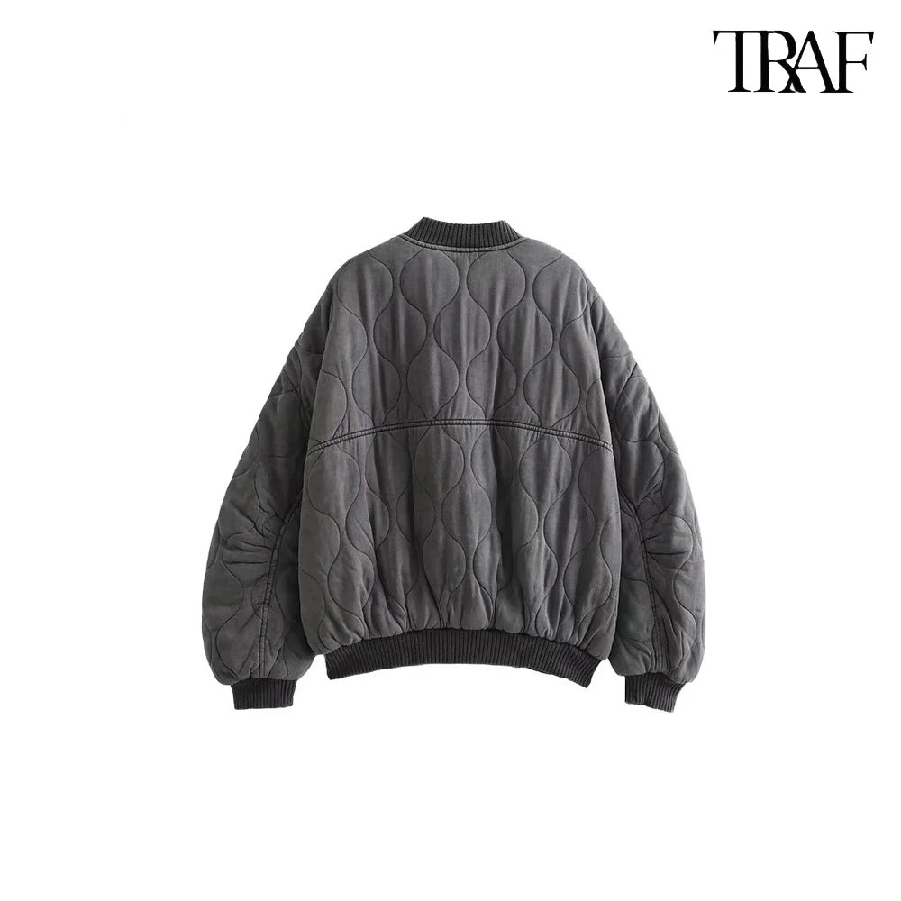 TRAF Women’s Quilted Aviator Jacket – Solid Color Round Collar Long Sleeve Casual Coat