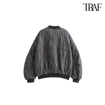 TRAF Women’s Quilted Aviator Jacket – Solid Color Round Collar Long Sleeve Casual Coat