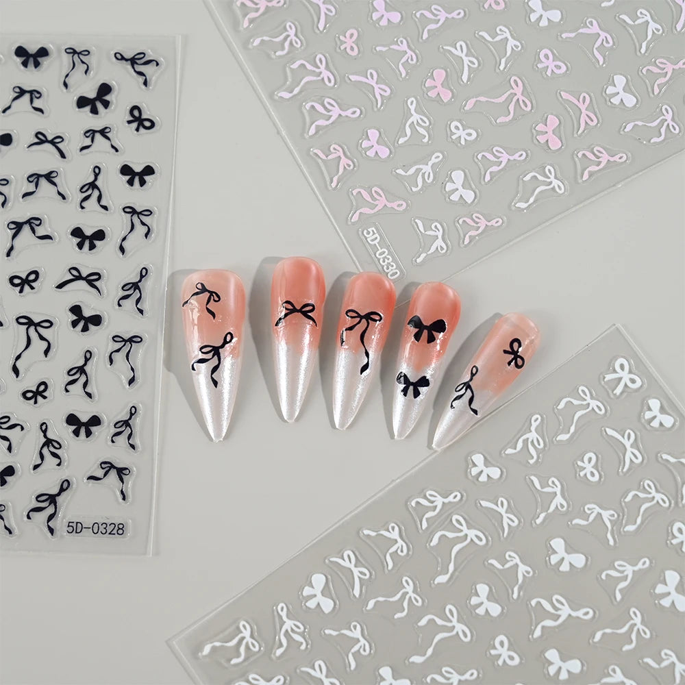 5D Pink & White Bowknot Nail Stickers – Self-Adhesive Kawaii Ribbon Nail Art Decals for DIY Manicure & Nail Decoration