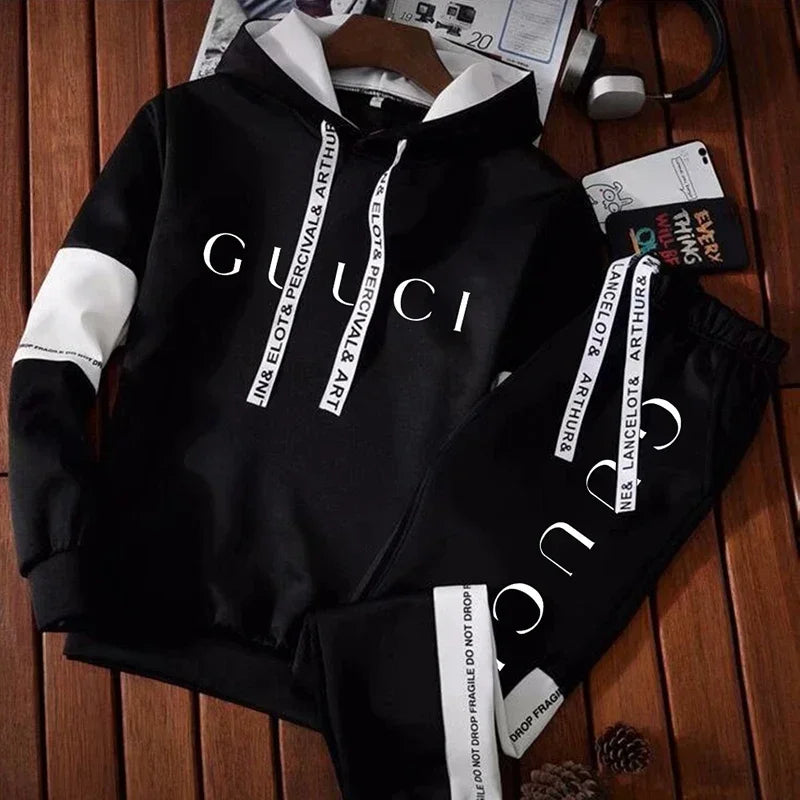 Men's Fashion Tracksuit Set – Hoodie & Sweatpants with Trendy Print | Casual Black & White Jogger Outfit