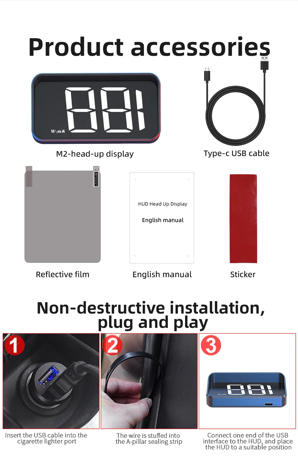 M2 Head-Up Display Digital Speedometer GPS HUD – Plug & Play Windshield Projector with Large KMH Font for All Cars