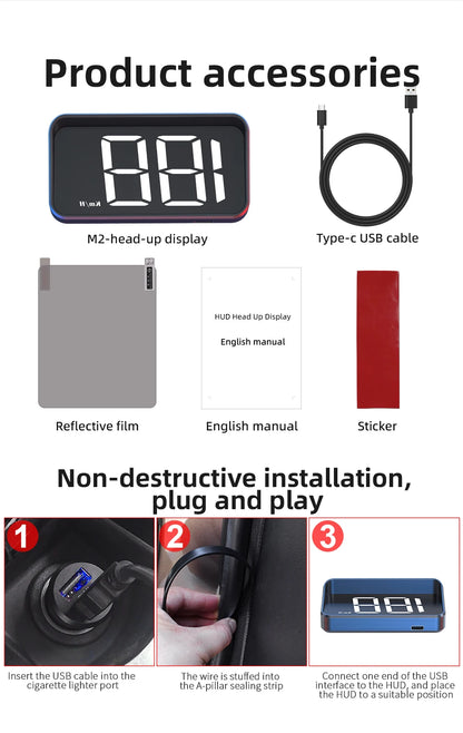 M2 Head-Up Display Digital Speedometer GPS HUD – Plug & Play Windshield Projector with Large KMH Font for All Cars
