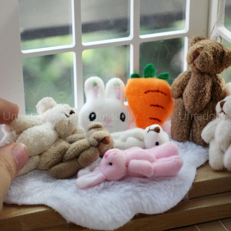 Miniature Bear & Rabbit Plush Toy — 1/6 & 1/12 Scale Dollhouse Decor for OB11 Blyth Dolls