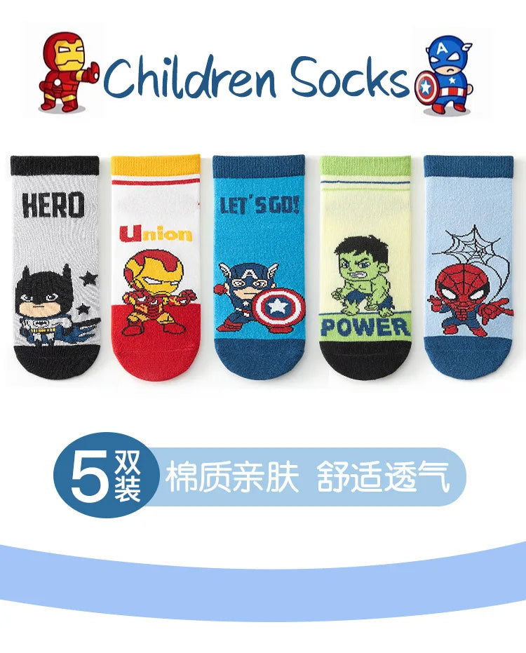 5 Pairs Spiderman Cotton Socks for Kids – Iron Man, Hulk, Thor Anime Boys Short Socks, Cartoon Baby Spring & Summer Footwear