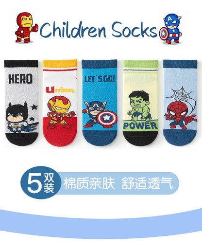 5 Pairs Spiderman Cotton Socks for Kids – Iron Man, Hulk, Thor Anime Boys Short Socks, Cartoon Baby Spring & Summer Footwear